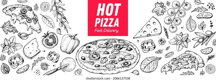 Italian pizza   ingredients  Italian food menu design template  Pizzeria menu design template  Vintage hand drawn sketch vector illustration  Engraved image 