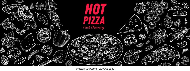Italian pizza and ingredients. Italian food menu design template. Pizzeria menu design template. Vintage hand drawn sketch vector illustration. Engraved image.