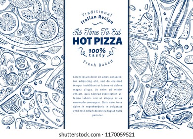 Italian pizza and ingredients frame. Italian food banner design template. Vintage hand drawn vector illustration. Can be use for menu or packaging.