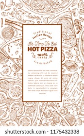 Italian pizza and ingredients frame. Italian food banner design template. Retro hand drawn vector illustration. Can be use for menu or packaging.