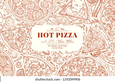 Italian pizza and ingredients frame. Italian food banner design template. Retro hand drawn vector illustration. Can be use for menu or packaging.