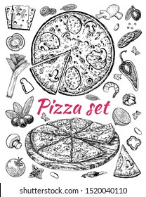 Italian pizza and ingredients frame. Italian food menu design template. Vintage hand drawn sketch, vector illustration. Engraved style illustration. Pizza label for menu.