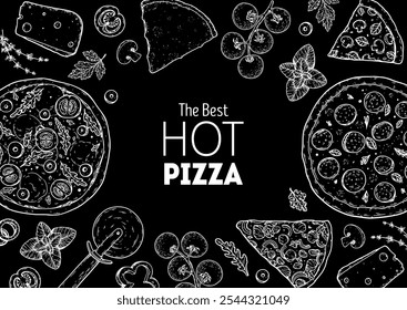 Italian pizza and ingredients frame. Vector hand drawn sketch illustration. Italian pizza design template. Vector illustration. Italian food. Menu, package sketch design