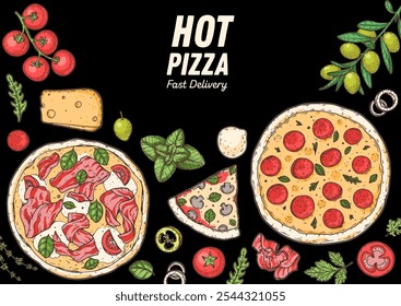 Italian pizza and ingredients frame. Vector hand drawn illustration. Italian pizza design template. Vector illustration. Italian food. Menu, package sketch design