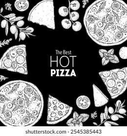 Italian pizza and ingredients frame. Vector hand drawn sketch illustration. Italian pizza design template. Vector illustration. Italian food. Menu, package sketch design