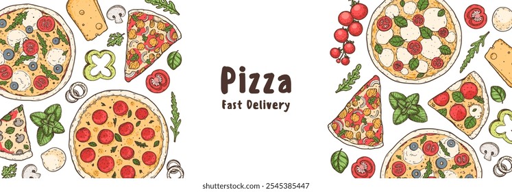 Italian pizza and ingredients frame. Vector hand drawn illustration. Italian pizza design template. Vector illustration. Italian food. Menu, package sketch design