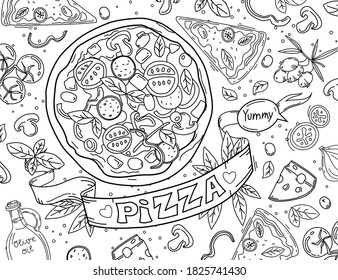 Italian pizza and ingredients are isolated on a white background. Italian cuisine menu design template. Outline.Vector illustration. Coloring book.