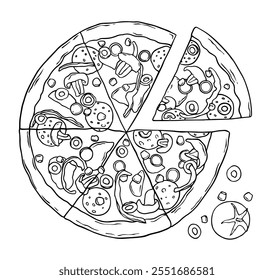 Italian pizza and ingredients linear vector hand drawn illustration. For textile, poster, banner, menu.