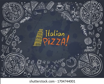 Italian pizza and ingredients on chalkboard. Vector illustration. Perfect for food menu design template.