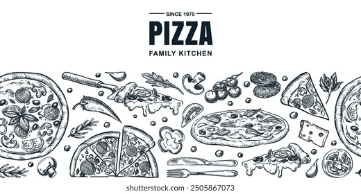 Italian pizza and ingredients seamless horizontal background. Vector hand drawn sketch illustration. Pizzeria menu, banner, poster, label package design elements