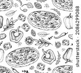 Italian pizza and ingredients. Seamless pattern. Italian food menu design template. Pizzeria menu design template. Vintage hand drawn sketch vector illustration. Engraved image.