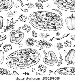 Italian pizza and ingredients. Seamless pattern. Italian food menu design template. Pizzeria menu design template. Vintage hand drawn sketch vector illustration. Engraved image.