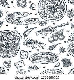 Italian pizza and ingredients seamless pattern. Vector hand drawn sketch food illustration. Design for pizzeria menu, print, takeaway package, wrapping paper, textile