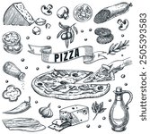 Italian pizza and ingredients set, isolated on white background. Hand drawn vector sketch illustration. Cooking recipes or pizzeria menu design elements