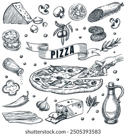 Italian pizza and ingredients set, isolated on white background. Hand drawn vector sketch illustration. Cooking recipes or pizzeria menu design elements