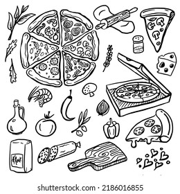
Italian pizza and ingredients set. Top view vector  illustration. Vintage hand drawing sketch, engraved style illustration. Pizza label for menu design.