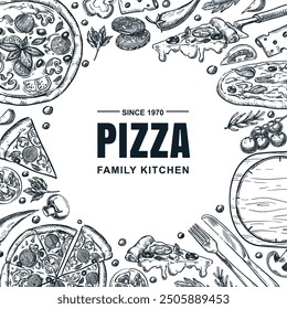 Pizza italiana e ingredientes de marco cuadrado. Vector dibujado a mano ilustración de boceto. Menú de la pizzería, Anuncio, cartel, Elementos de diseño del paquete de la etiqueta en el fondo blanco