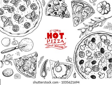 Italian pizza and ingredients top view frame. Italian food menu design template. Vintage hand drawn sketch, vector illustration. Engraved style illustration. Pizza label for menu.