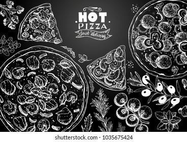 Italian pizza and ingredients top view frame. Italian food menu design template. Vintage hand drawn sketch, vector illustration. Engraved style illustration. Pizza label for menu.