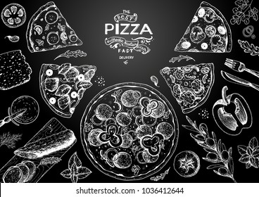 Italian pizza and ingredients top view frame. Italian food menu design template. Vintage hand drawn sketch, vector illustration. Engraved style illustration. Pizza label for menu.
