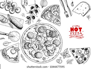 Italian pizza and ingredients top view frame. Italian food menu design template. Vintage hand drawn sketch, vector illustration. Engraved style illustration. Pizza label for menu.