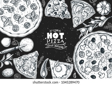 Italian pizza and ingredients top view frame. Italian food menu design template. Vintage hand drawn sketch, vector illustration. Engraved style illustration. Pizza label for menu.