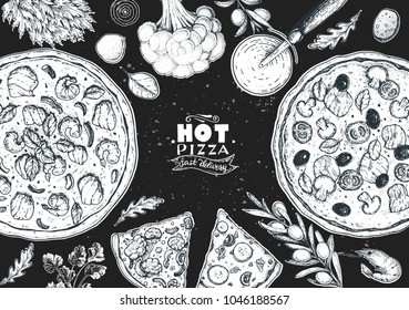 Italian pizza and ingredients top view frame. Italian food menu design template. Vintage hand drawn sketch, vector illustration. Engraved style illustration. Pizza label for menu.