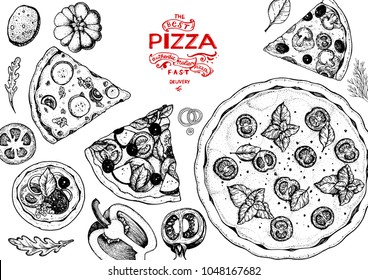 Italian pizza and ingredients top view frame. Italian food menu design template. Vintage hand drawn sketch, vector illustration. Engraved style illustration. Pizza label for menu.