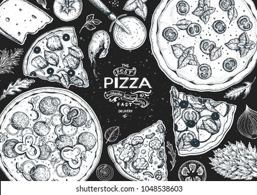 Italian pizza and ingredients top view frame. Italian food menu design template. Vintage hand drawn sketch, vector illustration. Engraved style illustration. Pizza label for menu.