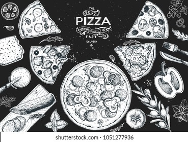 Italian pizza and ingredients top view frame. Italian food menu design template. Vintage hand drawn sketch, vector illustration. Engraved style illustration. Pizza label for menu.