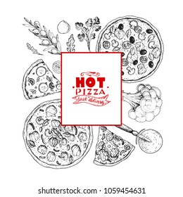 Italian pizza and ingredients top view logo. Italian food menu design template. Vintage hand drawn sketch, vector illustration. Engraved style illustration. Pizza label for menu and packaging.