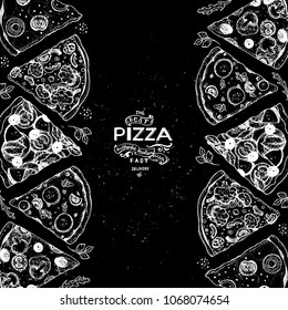 Italian pizza and ingredients top view . Italian food menu design template. Vintage hand drawn sketch, vector illustration. Engraved style illustration. Pizza slices for menu.