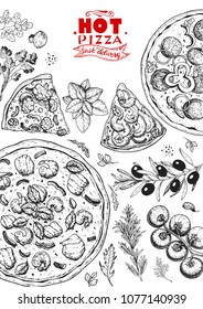 Italian pizza and ingredients top view frame. Italian food menu design template. Vintage hand drawn sketch, vector illustration. Engraved style illustration. Pizza label for menu or packaging.