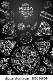 Italian pizza and ingredients top view frame. Italian food menu design template. Vintage hand drawn sketch, vector illustration. Engraved style illustration. Pizza label for menu.