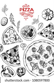 Italian pizza and ingredients top view frame. Italian food menu design template. Vintage hand drawn sketch, vector illustration. Engraved style illustration. Pizza label for menu.