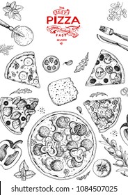 Italian pizza and ingredients top view frame. Italian food menu design template. Vintage hand drawn sketch, vector illustration. Engraved style illustration. Pizza label for menu.