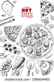 Italian pizza and ingredients top view frame. Italian food menu design template. Vintage hand drawn sketch, vector illustration. Engraved style illustration. Pizza label for menu.