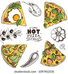 Italian pizza and ingredients top view. Italian food menu design template. Vintage hand drawn vector illustration. Pizza label for menu.