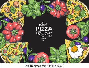 Italian pizza and ingredients top view frame. Colored illustration. Italian food menu design template. Vintage hand drawn vector illustration. Pizza label for menu.