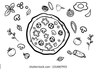 Italian pizza and ingredients top view frame. Italian food menu design template. Vintage hand drawn sketch, vector illustration. Engraved style illustration. Pizza label for menu.