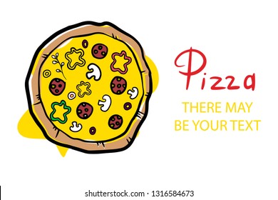Italian pizza and ingredients top view frame. Italian food menu design template. Vintage hand drawn sketch, vector illustration. Engraved style illustration. Pizza label for menu.