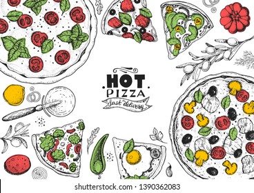 Italian pizza and ingredients top view frame. Italian food menu design template. Vintage hand drawn sketch, vector illustration. Engraved style illustration. Pizza label for menu.  Pizza shop  design.