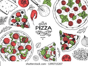 Italian pizza and ingredients top view frame. Italian food menu design template. Vintage hand drawn sketch, vector illustration. Engraved style illustration. Pizza label for menu.