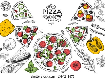 Italian pizza and ingredients top view frame. Italian food menu design template. Vintage hand drawn sketch, vector illustration. Engraved style illustration. Pizza label for menu. 