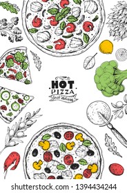 Italian pizza and ingredients top view frame. Italian food menu design template. Vintage hand drawn sketch, vector illustration. Engraved style illustration. Pizza label for menu. 