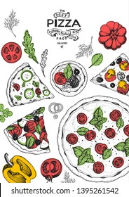 Italian pizza and ingredients top view frame. Italian food menu design template. Vintage hand drawn sketch, vector illustration. Engraved style illustration. Pizza label for menu. 