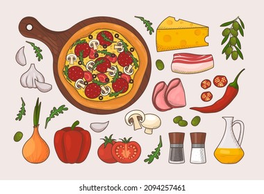 Italian pizza and ingredients top view frame. Italian food menu design template. Vintage hand drawn sketch, vector illustration. Engraved style illustration. Pizza label for menu.