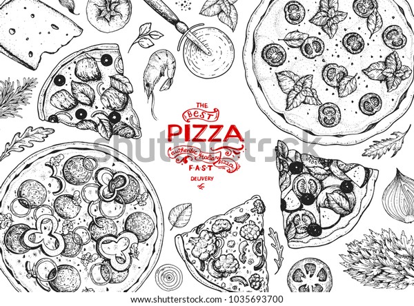 イタリアのピザと具材のトップビューフレーム イタリア料理のメニューデザインテンプレート ビンテージ手描きのスケッチ ベクターイラスト 彫り込みスタイルの イラスト メニュー用のピザラベル のベクター画像素材 ロイヤリティフリー