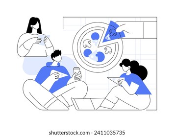 Italian pizza isolated cartoon vector illustrations. Group of people eating delicious pizza together outdoors, fast food addiction, teenagers lifestyle, leisure time with friends vector cartoon.