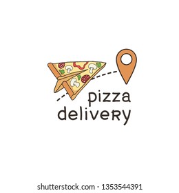 Italian Pizza Location Icon - Vector Logo Sign Design, Emblem, Symbol For Cafe, Italian Restaurant Menu, Pizzeria Or Fast Food Delivery Service, Pizza Delivery. Slice Of Pizza With Derection Point